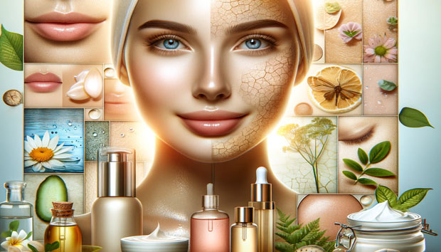 Embracing Diversity in Skin Health: A Collage of Skin Types and Care Essentials